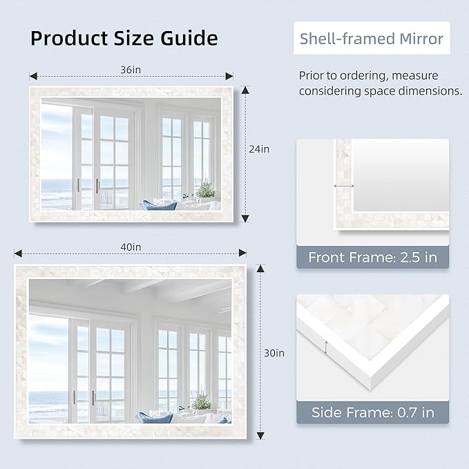 Tanmicoshomy White Shell Framed Rectangular Mirrors for Bathroom, 30x40 Inch Mirrors with Tempered Glass for Bedroom Living Room or Entryway, Wall Mounted Horizontal or Vertical Hanging