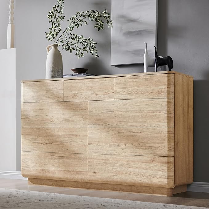JXQTLINGMU 9 Drawer Dresser for Bedroom, 52" Wide Modern Wood Dressers with Push-to-Open Drawers for Closet Storage, Chest of Drawers TV Stand for Living Room & Hallway, Curved Profile, Natural