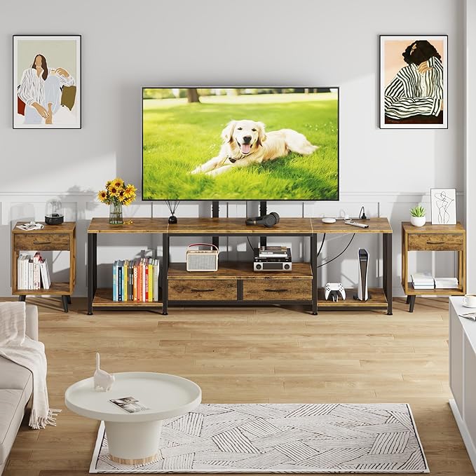 LED TV Stand with Mount and Power Outlet & Fabric Drawers for 32-85 Inches TV - Entertainment Center and Industrial TV Console Table for Living Room , Bedroom 63" Rustic Brown (MAX VESA 600mm × 400mm)