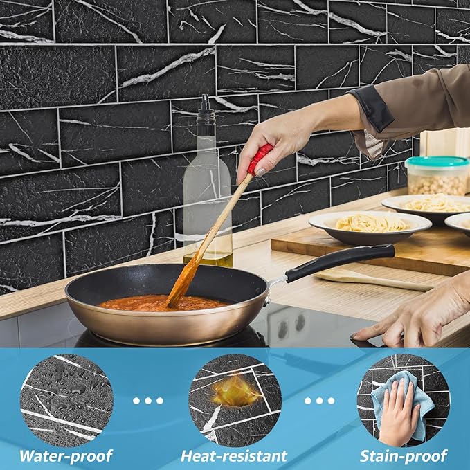 Art3d 102-Piece Faux Stone Peel and Stick Backsplash Tile, Waterproof Thick PVC Stick On Subway Wall Tile for Kitchen Bathroom Laundry Room Fireplace - 3" x 6" Black Marble