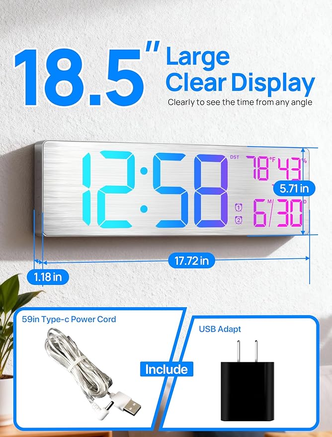 18.5" Large Digital Wall Clock with Remote Control, Big LED Display Digital Clocks with Night Light, Alarm, Countdown, DST, Temp, Date for Living Room, Bedroom, Office, Gift for Seniors(Silver)