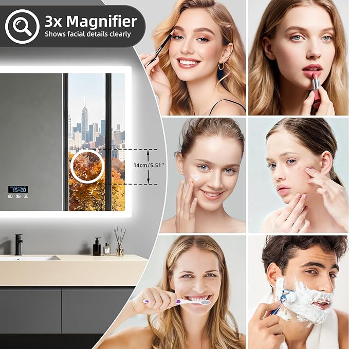 LUVODI Bathroom LED Wall Mirror: 48x24 inch Rectangle Makeup Vanity with Lights Bluetooth Speaker, Time Display, Magnifier, Anti-Fog, Memory Function, 3 Color Temperature