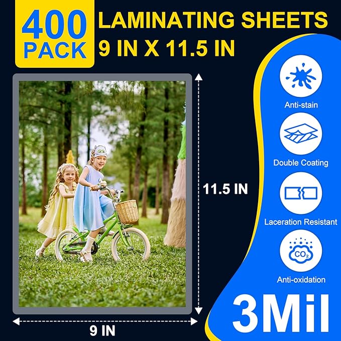 BURVAGY 400 Pack Laminating Sheets, 3 Mil, 9 x 11.5 Inches Thermal Laminating Pouches Lamination Sheet Paper for Laminator, Clear, Letter Size, Office and School Supplies