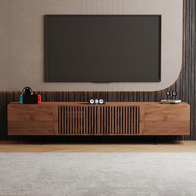 gaoyangjiaju 94.48" Mid-Century Modern TV Stand, Walnut Media Console with 4 Storage Cabinets, Entertainment Center for TVs up to 100 Inches, Ideal for Living Room or Bedroom