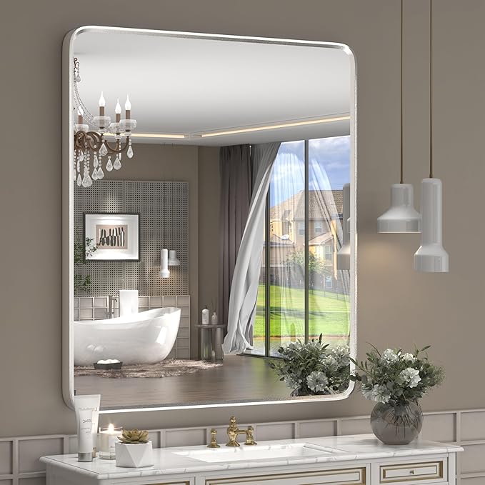 28x32 Inch Silver Framed Mirror, Silver Rounded Rectangle Bathroom Vanity Mirror for Wall, Silverish Painted, Shatterproof, Anti-Rust (Horizontal/Vertical)