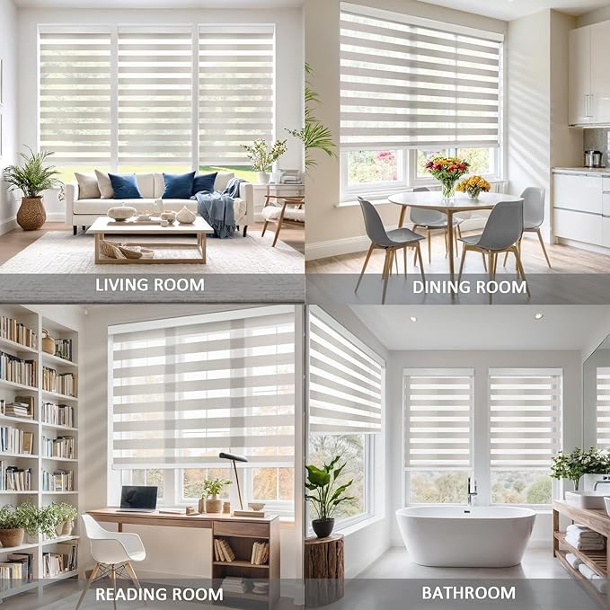 COOLWINDS Motorized Zebra Blinds for Windows Cordless Electric Curtains with Remote Control Blackout Shades Custom Smart Blinds Compatible with Alexa Google Home(Light Filtering Beige,W33 X 72in)