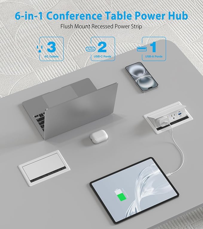 Recessed Conference Table Power Hub with 20W USB-C PD Fast Charging, Flush Mounted for Desks, Kitchens & RVs, 6FT Power Cord (White)