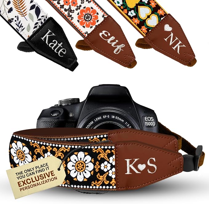 Art Tribute Personalized Camera Strap Brown White Flowers by ArtTribute