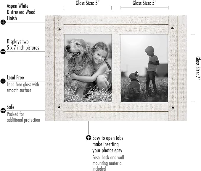 Americanflat Hinged 5x7 Double Picture Frame with 2 Photo Openings and Polished Glass - Distressed Wood Collage Picture Frames for Tabletop and Wall Display - Hampton Collection - Aspen White