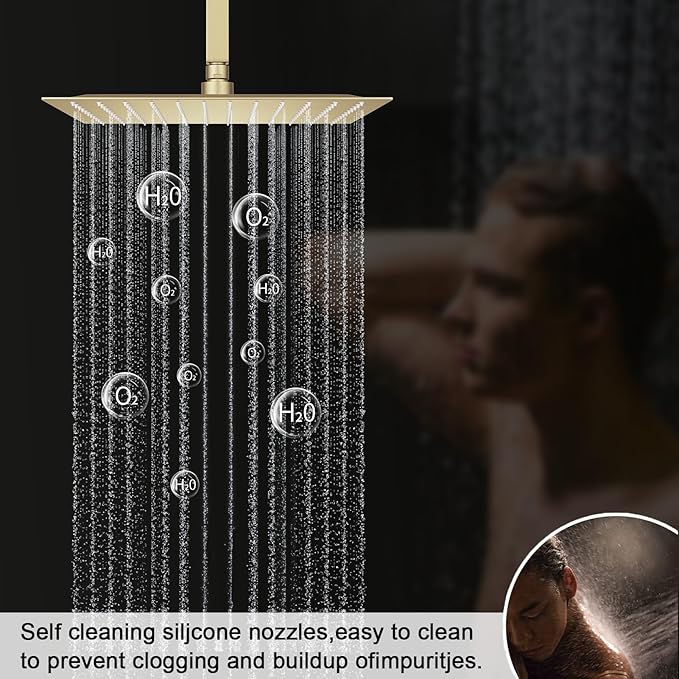 KATAIS Brushed Gold Shower System Digital Temperature Display Shower Faucet Set with 12 inch Ceiling Mounted + Dual 8 inch Wall Mounted Shower Head Combo Set, Handheld Spray