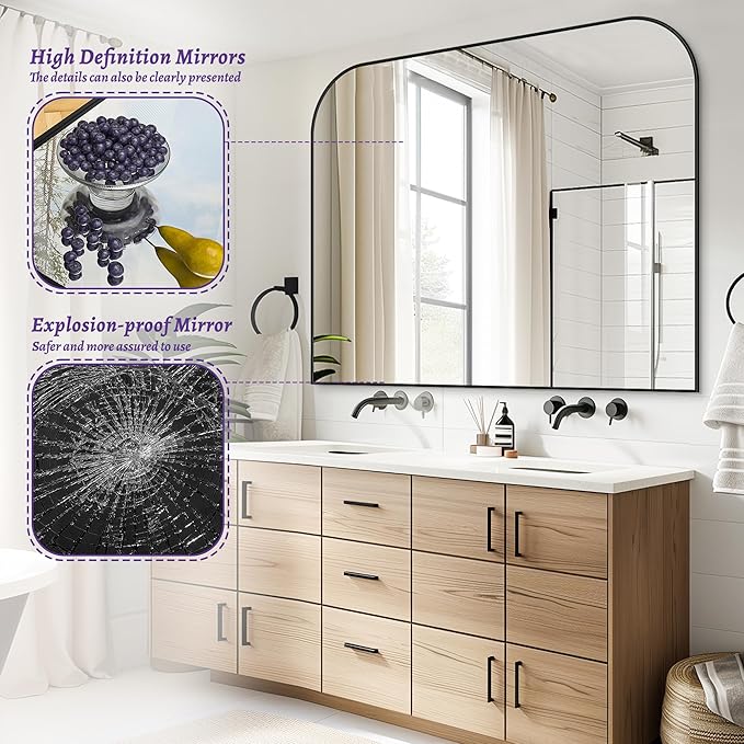 Bathroom Mirror, Wall Mirrors, Black Metal Framed Wall-Mounted Mirrors, Bathroom Vanity Mirror for Over Sink, Living Room, Bedroom, Entryway, 48x40 Inch, Black