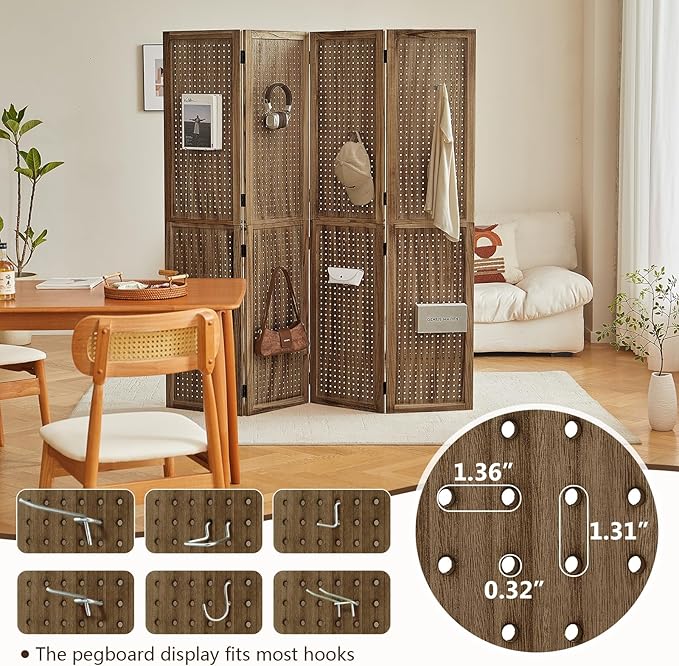Leesinwing 4 Panel Wooden Room Dividers, 5.6FT High Plug-in Folding Screen Made of Natural Wood, Pegboard Display for Bedroom and Shopping Malls and Jewelry Stores, Dark Brown