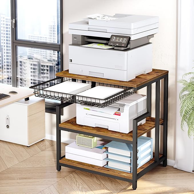 HOOBRO 23.6'' x 19.7'' Extra Large Printer Stand with Drawer, Printer Table with Adjustable Shelf, 3-Tier Printer Cart with Storage, for Heat Press Scanner Fax, Rustic Brown and Black BF10PS01