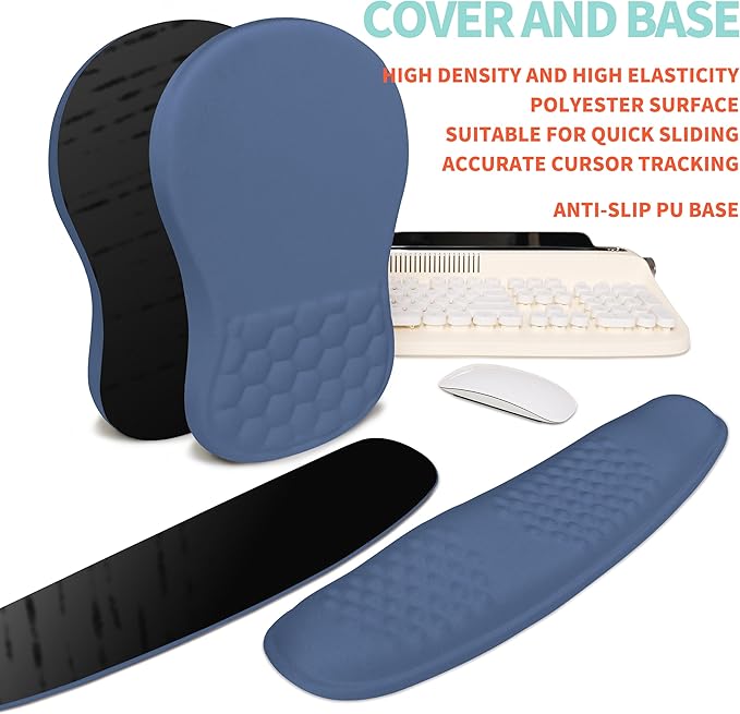 KUOSGM 2-in-1 Ergonomic Set, Wave Rise Keyboard Wrist Rest and Massage Bulge Slope Mouse Pad Wrist Support, Cushion Memory Foam Integrated to Relieve Wrist Pain, Dark Blue