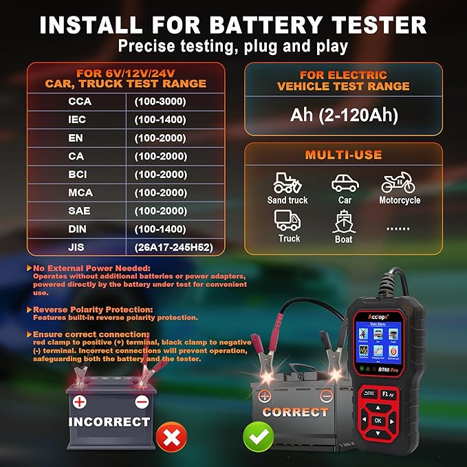 Acclope BT60 Pro Car Battery Tester with Cloud Printing,100-3000 CCA, Digital Analyzer for 6V/12V/24V Batteries, AGM Lithium Gel Battery Checker, Automotive Alternator System