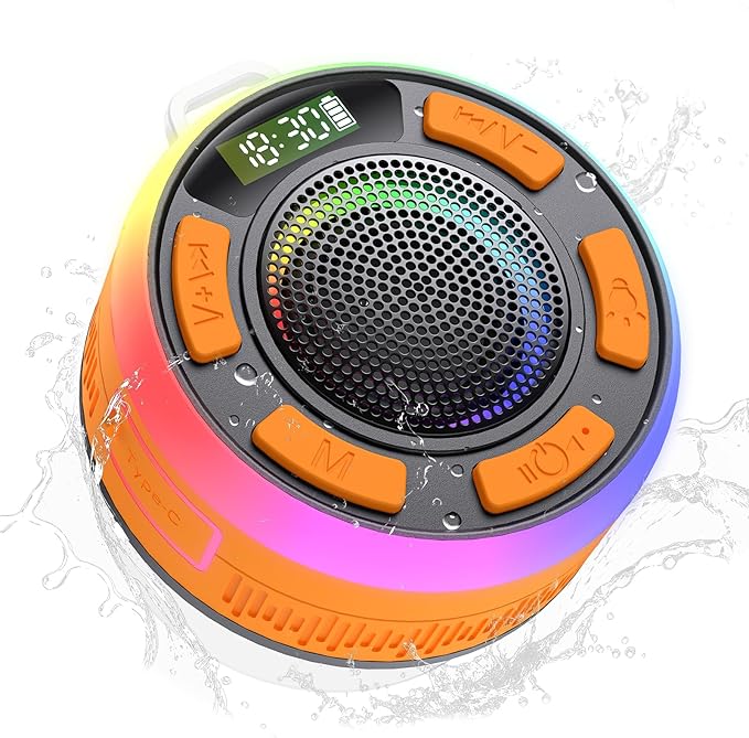 IPX7 Waterproof Shower Bluetooth Speaker, Portable Small Speaker with Suction Cup and Time Display, Loud Crystal Sound & Bass 10H Playtime 1100mAh, Shower Speakers for Pool, Beach Christmas Orange