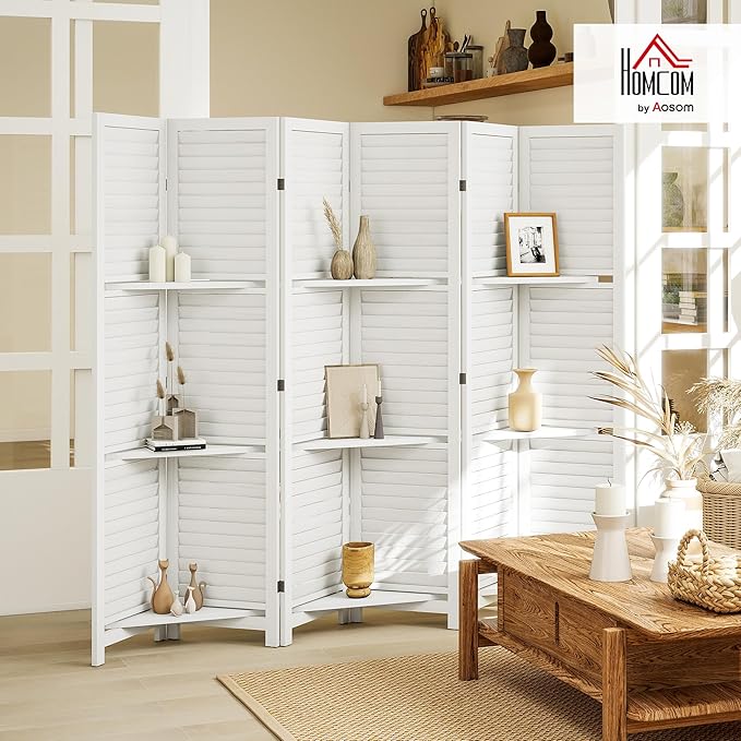 HOMCOM Room Divider, 6 Panel 67" Tall Wood Privacy Screen with 3 Display Shelves, and Folding Storage for Bedroom or Home Office, White