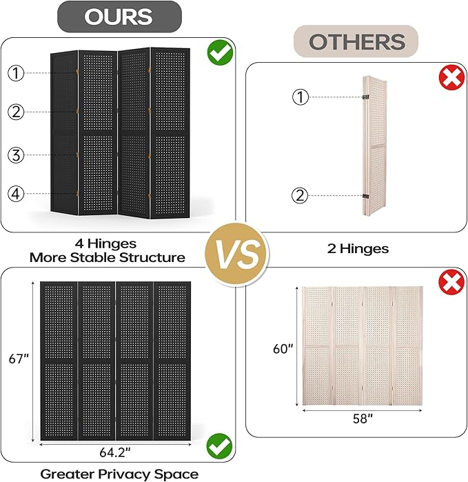 DURASPACE 4 Panel Room Divider 5.6 FT Pegboard Display Folding Wood Privacy Screen Pegboard Stand Organizer for Jewelry, Craft, Cloth, Art Display (Black)