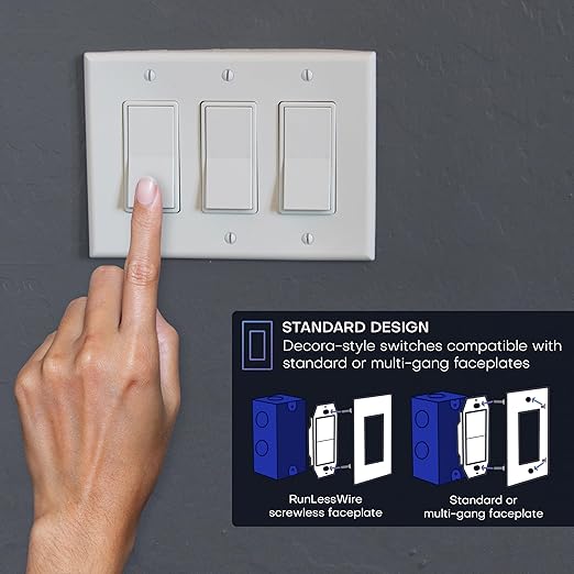 RunLessWire 2 Fixture Battery-Free DIY Kinetic Wireless Light Switch Kit 150ft RF Range for Different Fixtures or Outlets: 1 Remote Switch Controls 2 5A On/Off Receivers Simultaneously – Black