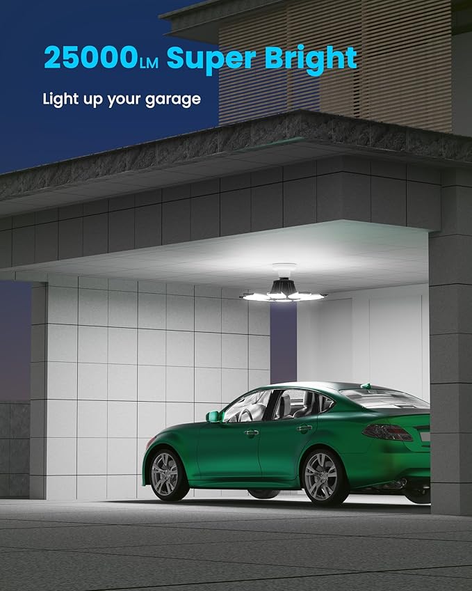 ryoza Motion Sensor Garage Lights 2 Pack, 25000LM Motion Activated Shop Light with 8+1 LED Deformable Panels, 360° Detection, Motion Sensor Ceiling Light for Garage, Workshop, Basement, Laundry Room