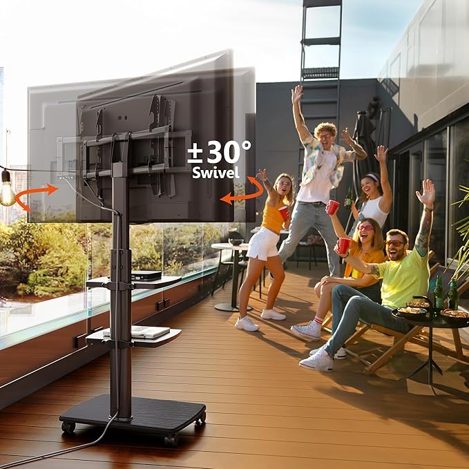 FITUEYES Rolling TV Stand with Power Outlets, Swivel Portable TV Stand for 32-70 Inch LCD LED OLED Flat/Curved Panel Screen TVs, Height Adjustable&Wood Base, Mobile TV Cart with 2 Shelves, Black