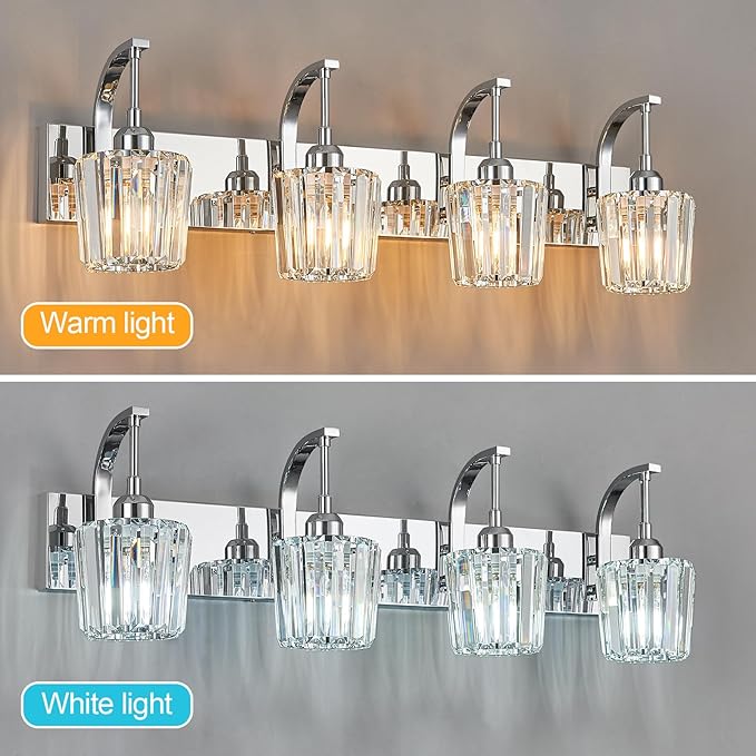 FDPBY Modern Bathroom Vanity Light, 4-Light Chrome Wall Sconce with Crystal Accents, Over Mirror Bathroom Lighting Fixture, 32.67" Long Dimmable Vanity Lamp for Makeup, Easy Installation
