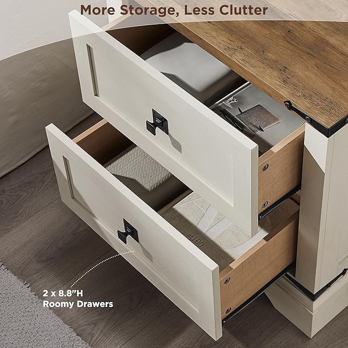 T4TREAM 24" Farmhouse Nightstand with Charging Station, Large End Table with 2 Storage Drawers, Rustic Wood Sofa Bedside Table for Bedroom, Antique White