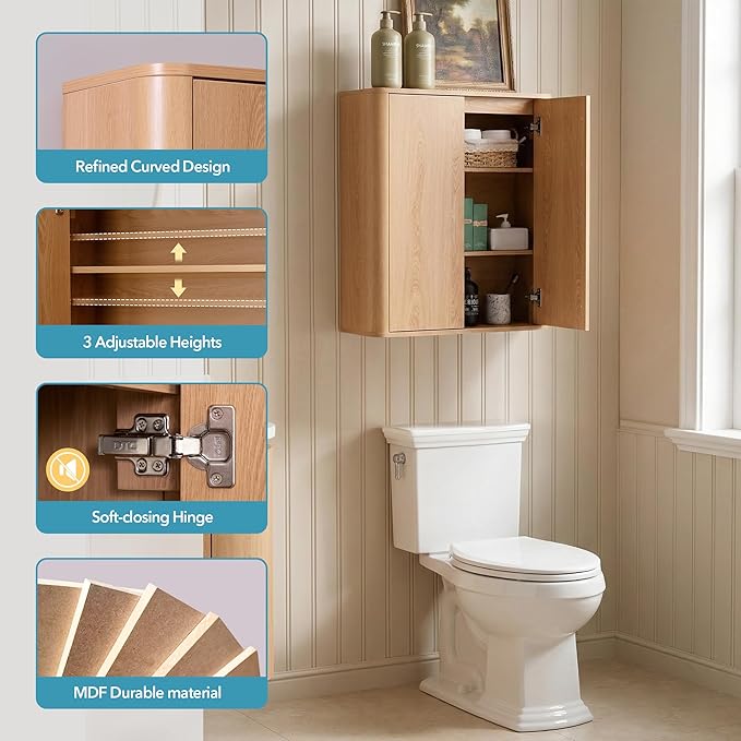 Wall Mounted Storage Cabinet, 2-Door Bathroom Medicine Cabinet with Adjustable Shelves, Modern Wood Hanging Organizer with Rounded Edges for Laundry Room, Kitchen