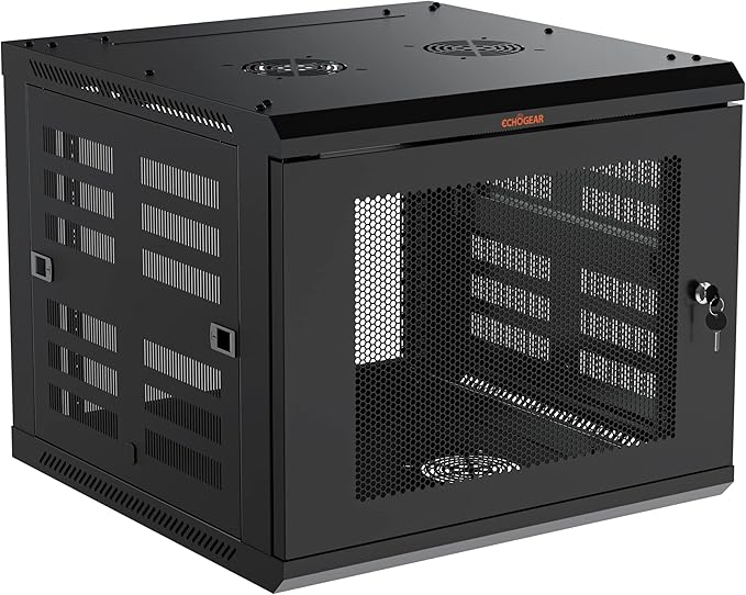 ECHOGEAR 9U Network Rack - Enclosed Wall Mount Rack Kit Includes 2X 1U Shelves, Pre-Mounted Fan, Lockable Door & Hardware - 600mm Depth Fits All Your AV Gear