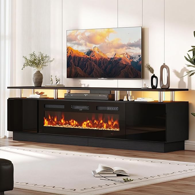 oneinmil 90'' Fireplace TV Stand with 50” Electric Fireplace, 2 Tier TV Console Stand for TVs Up to 100", LED Light Entertainment Center, Fireplace for The Living Room TV Stand, Black