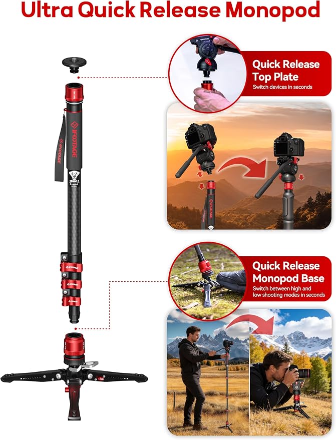 IFOOTAGE Monopod Cobra 3 C180F-P+K5S, 1/4'' & 3/8'' Quick Release Compatible - Image 6