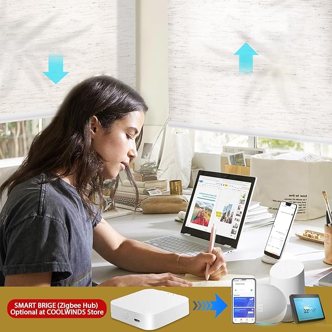 COOLWINDS Motorized Blinds with Remote Cordless Automatic Motorized Shades Custom Blinds for Windows Smart Curtains Compatible with Alexa Google Home(Light Filtering Linen Sandy Beach,W61 x H72in)