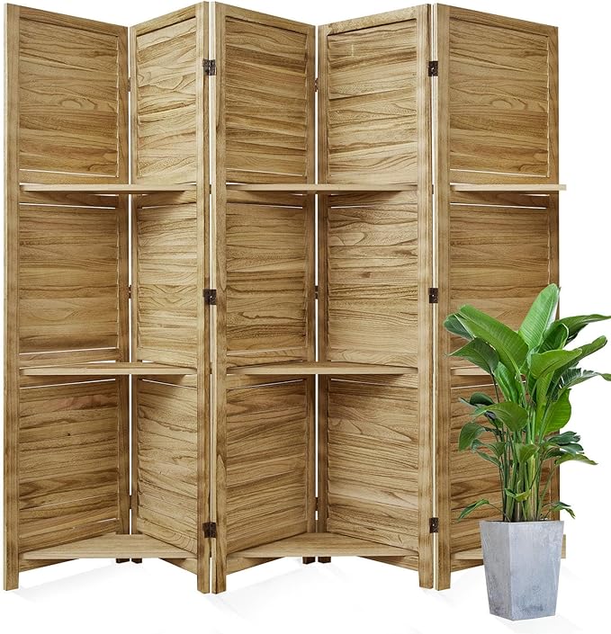 Partition Room Dividers, Folding Wood Privacy Screen with Three Display Shelves Suitable for Home Office, Study, Art Display - 5 Panel, 67 * 64inch (Wood)…