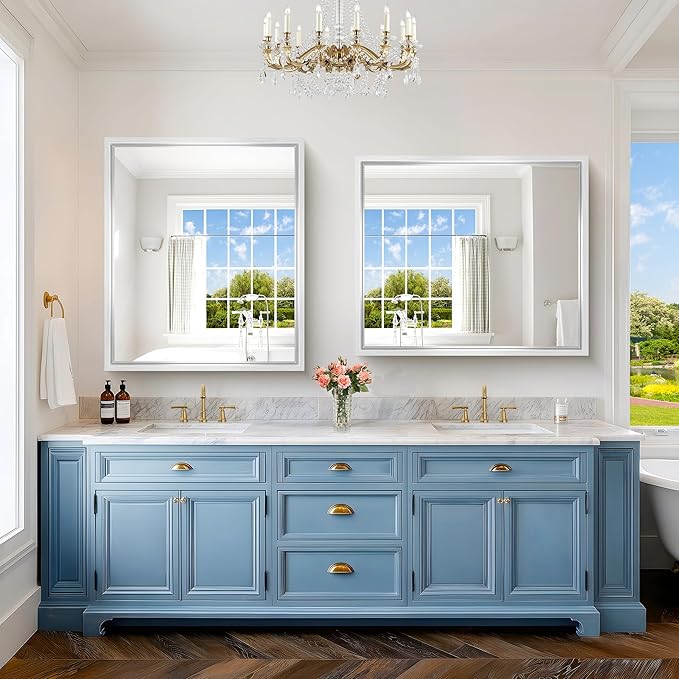 Silver Bathroom Mirror, 42 x 36 Inch Brushed Silver Rectangle Mirror for Wall, 0.6" Thickened Deep Frame Mirrors for Over Sink, Shatterproof Tempered Glass, Antirust, Horizontally or Vertically
