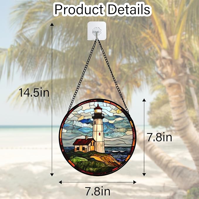 DASTOLL Stained Glass Window Hanging, Ocean Lighthouse Sun Catchers Glass Panel Blue Green Suncatcher Decor for Birthday for Women, Men, Wife, Aunt, and Mom 7.8 in