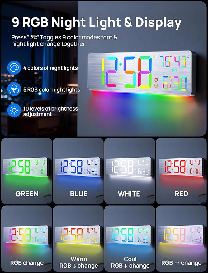 18.5" Large Digital Wall Clock with Remote Control, Big LED Display Digital Clocks with Night Light, Alarm, Countdown, DST, Temp, Date for Living Room, Bedroom, Office, Gift for Seniors(Silver)