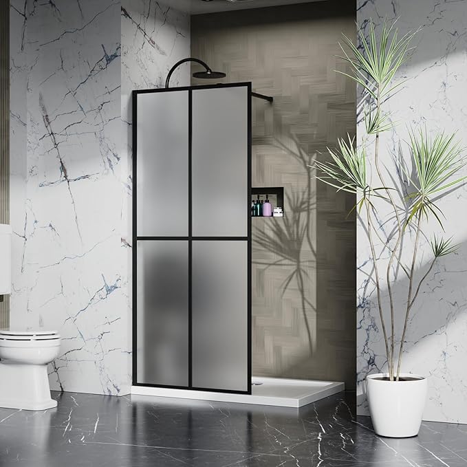 Goodyo 34"- 46" x 72" Glass Shower Door Clear Tempered Glass Panel Fixed Shower Screen for Walk-in Bathroom Matte Black Finish (34" W x 72" H Grid Frost)