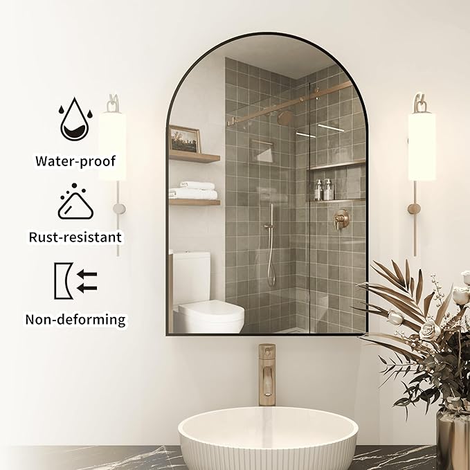 Arched Medicine Cabinet with Mirror,Bathroom Medicine Cabinet with Mirror Wall Mounted,Mirrored Medicine Cabinets with Adjustable Shelves,Not Recessed,24x36 Inch,Black