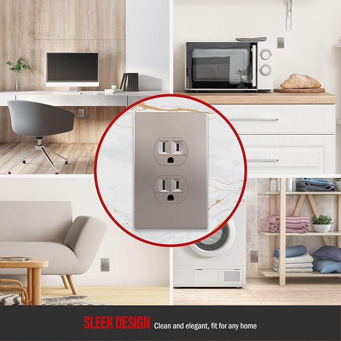 ENERLITES, Nickel Elite Series Duplex Outlet Receptacle Cover, Screwless Wall Plate, Standard Size, 1-Gang 4.68" x 2.93", Unbreakable Polycarbonate Thermoplastic, UL Listed, SI8821-NK