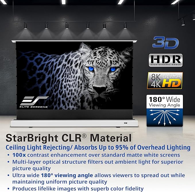 Elite Screens Kestrel Tab-Tension CLR, 101 inch 16:9, Ultra-Short Throw Ceiling Ambient Light Rejecting ALR Electric UST Floor-Rising Projection Motorized Front Projector Screen, FTE101XH3-CLR, White