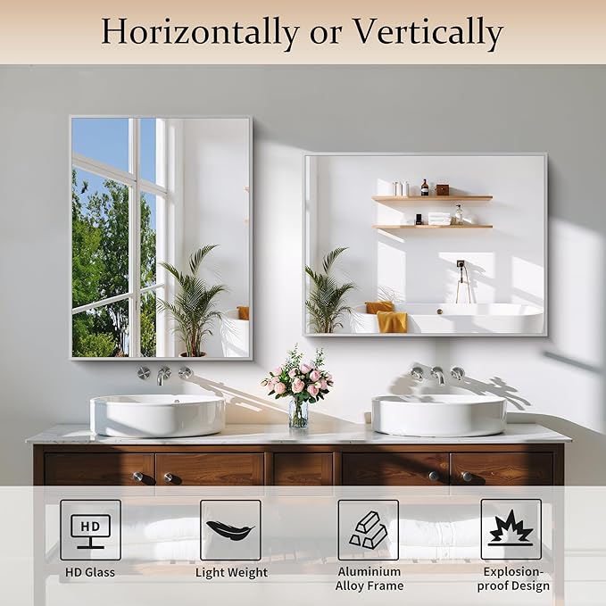 Silver Bathroom Mirror for Wall, 24x32 Inch Rectangle with Metal Frame, Modern Vanity for Bathroom Living Room, Entryway Hangs Horizontal or Vertical