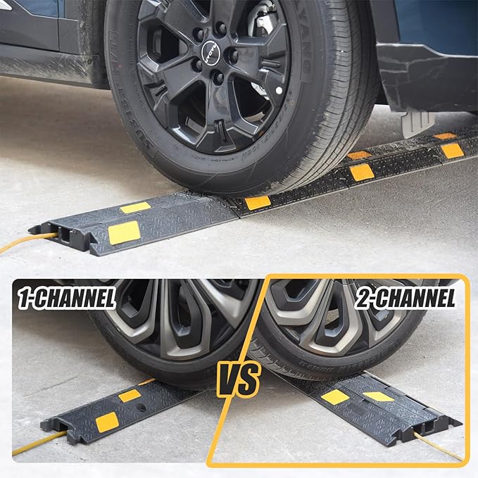 OranLite 6 Pack 2-Channel Rubber Cable Protector Ramp, 17" x 10" x 1.8" inch Interlocking Floor Wire Cord Cable Cover, Visible at Night, Durable Rubber Speed Bump Hump Ramp (2-Channel 6 Pack)