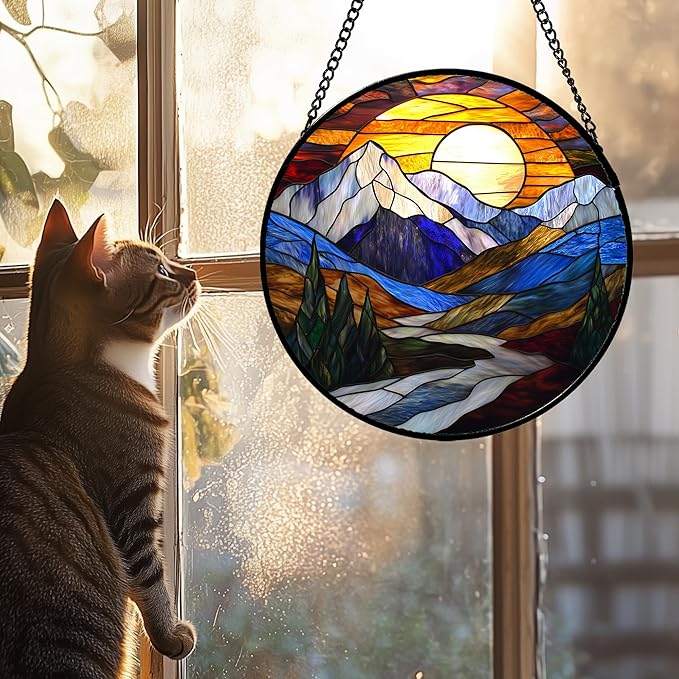 AMDERVEN Stained Glass Window Hanging, Yellow Blue Sunset Mountains Scenery Sun Catcher for Window Home Decor Landscape Suncatcher Mother's Day Birthday Gifts for Women Men Mom and Nana 7.8 in