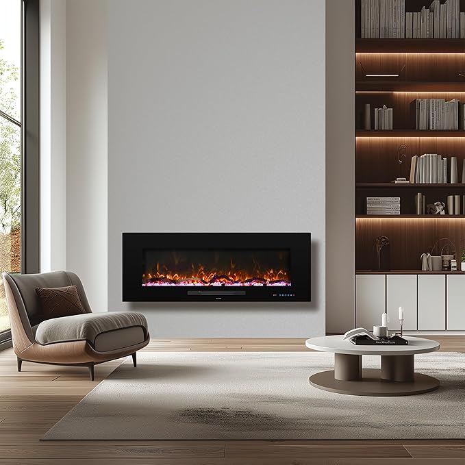50" Electric Fireplace, Recessed & Wall Mounted Fireplace Heater 13 * 13 Colors Flame &Fuel Bed w/5 Dimmer, Touchscreen &Remote Control Temp, Overheating Protect, Hardwired, 1500W, Black