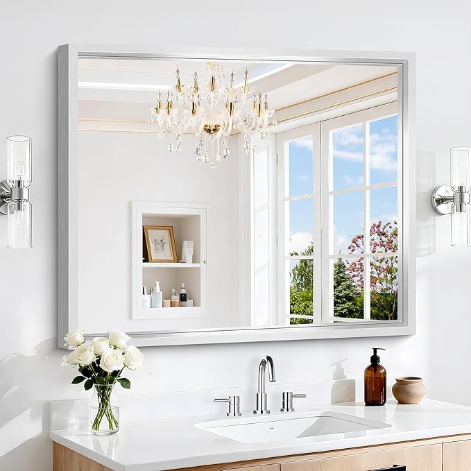 Silver Bathroom Mirror, 36 x 30 Inch Rectangular Wall Mirror 0.6" Thickened Deep Frame, Brushed Silver Vanity Mirrors for Bathroom Sink, Modern Farmhouse, Tempered Glass, Horizontal/Vertical
