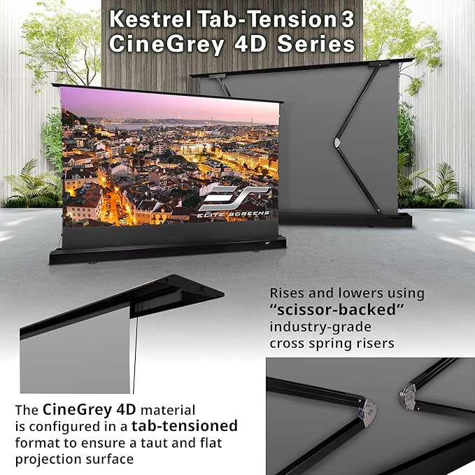 Elite Screens Kestrel Tab-Tension 3 CineGrey 4D, 122 inch 16:9, Standard Throw ISF Ceiling Ambient Light Rejecting (CLR/ALR) Electric Floor-Rising Projector Screen, Programmed Remote Kit, FTE122H3-C4D