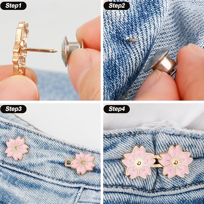 TOOVREN Pant Waist Tightener - Jean Button Tightener, No Sew & No Tools, Adjustable Instant Button Pins 4 Sets, Cherry Blossoms