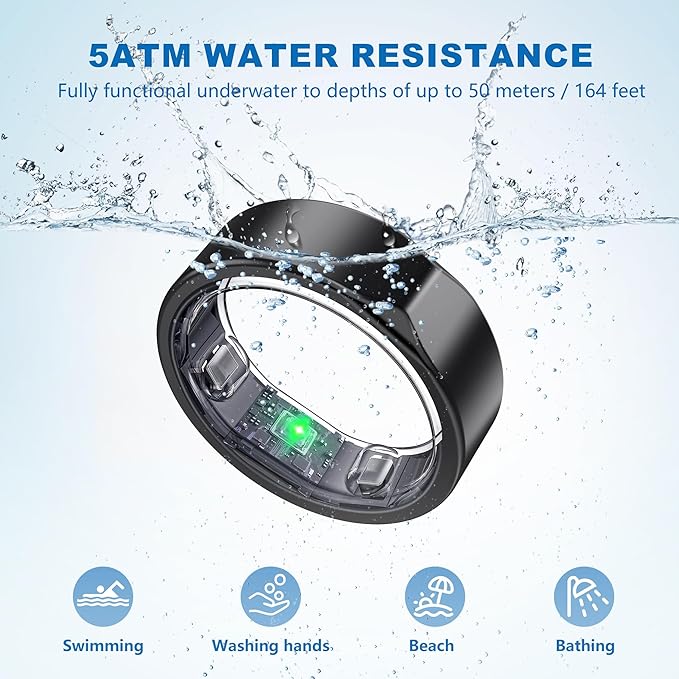 SEEKZERO Smart Ring for Women Men, Titanium Fitness Ring with Heart Rate, Stress & Sleep Monitoring,Step & Calorie Counter, 5ATM Waterproof for iPhone and Android,No Subscription Fee (Black, 6)