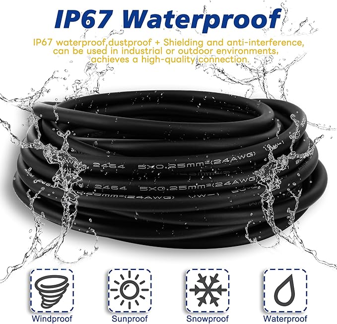 Lonlonty M8 Cable 3 Pin 6.5Ft/2M Female A Coding Circular Connector Cable Shielded IP67 Waterproof Single End Cable A Code