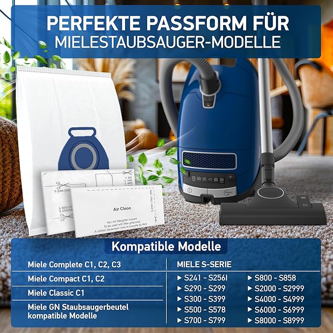 10 Pack 3D Airclean GN Vacuum Bags Compatible with Miele Classic C1, Complete C1, Complete C2, Complete C3, S2, S5, S8 Series Canister Vacuum Cleaner